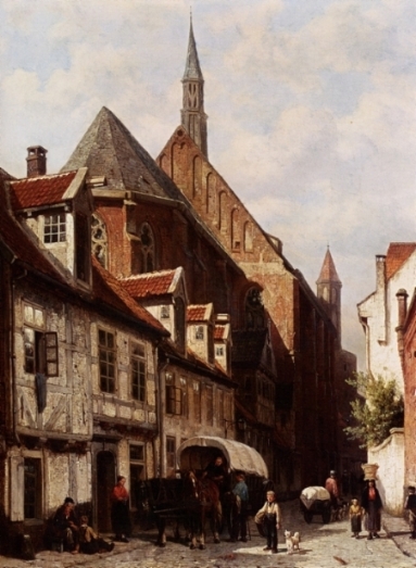 A Busy Street In Bremen With The Saint Johann Church In The Background, Cornelis Springer, Painted 1864