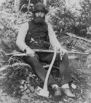 Bearded man armed with ax, rifle, hunting knife, and two pistols, Maine, 1886