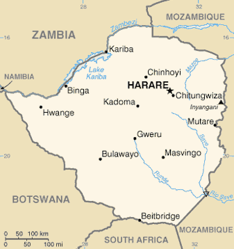 Zimbabwe outline map with principal cities