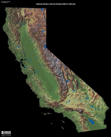 California color, shaded, relief map:  USGS NED